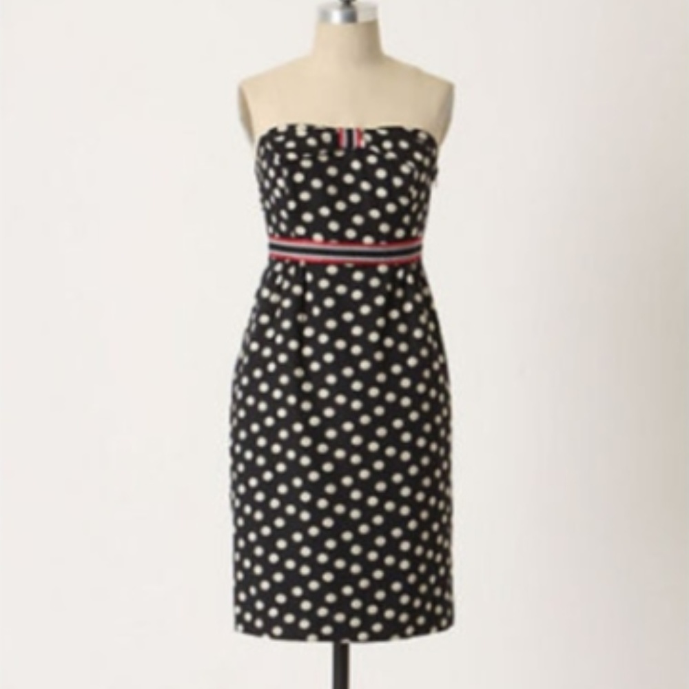 Maeve Navy Polka Peppered Strapless Pencil Dress